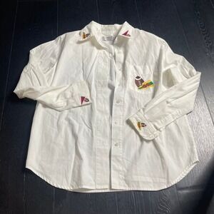 Karen Scott Cotton Rich‎ White Shirt with Football Cheerleader Embroidery Medium